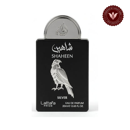 Lattafa Pride Shaheen Silver Eau de Parfum Travel Size Spray - 20ml (0.67 OZ), Unisex Fragrance for Men & Women — front single product on white with Vanity Vibes badge