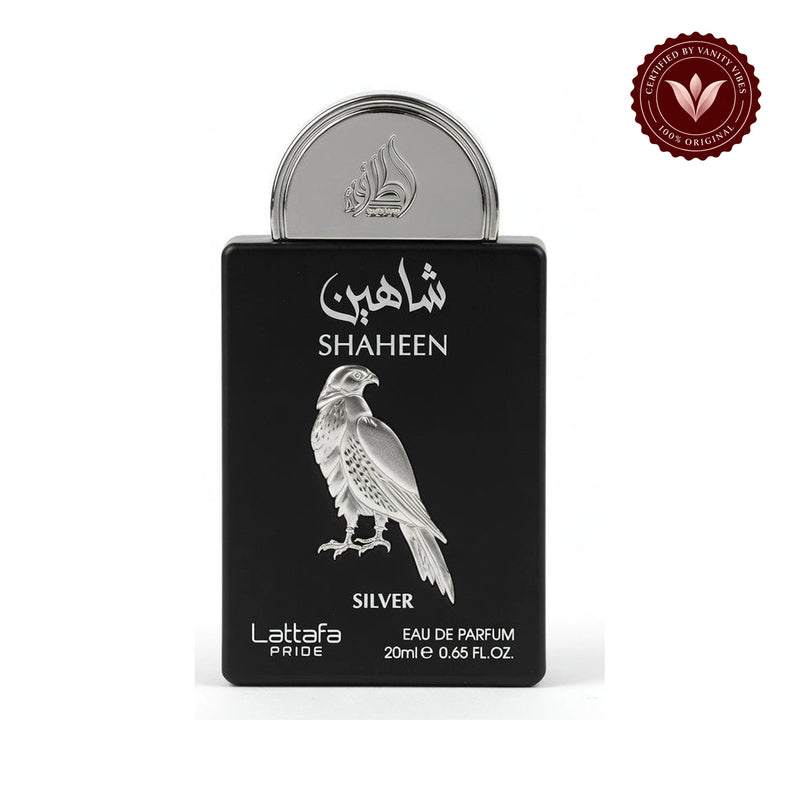 Lattafa Pride Shaheen Silver Eau de Parfum Travel Size Spray - 20ml (0.67 OZ), Unisex Fragrance for Men & Women — front single product on white with Vanity Vibes badge