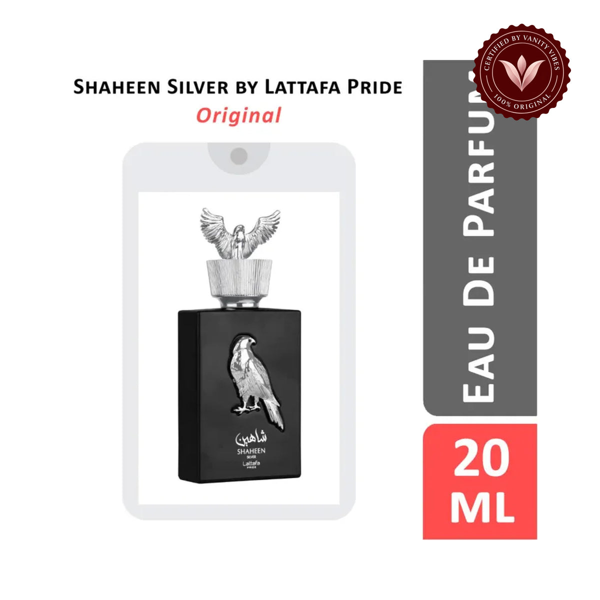 Lattafa Pride Shaheen Silver Eau de Parfum Travel Size Spray - 20ml (0.67 OZ), Unisex Fragrance for Men & Women — secondary product view on white with Vanity Vibes badge