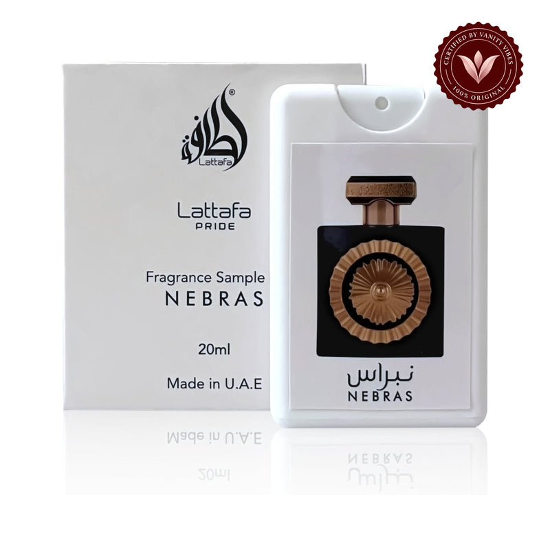 Lattafa Pride Nebras EDP Spray 20ml Travel Size Unisex Perfumes for Men & Women. — secondary product view on white with Vanity Vibes badge