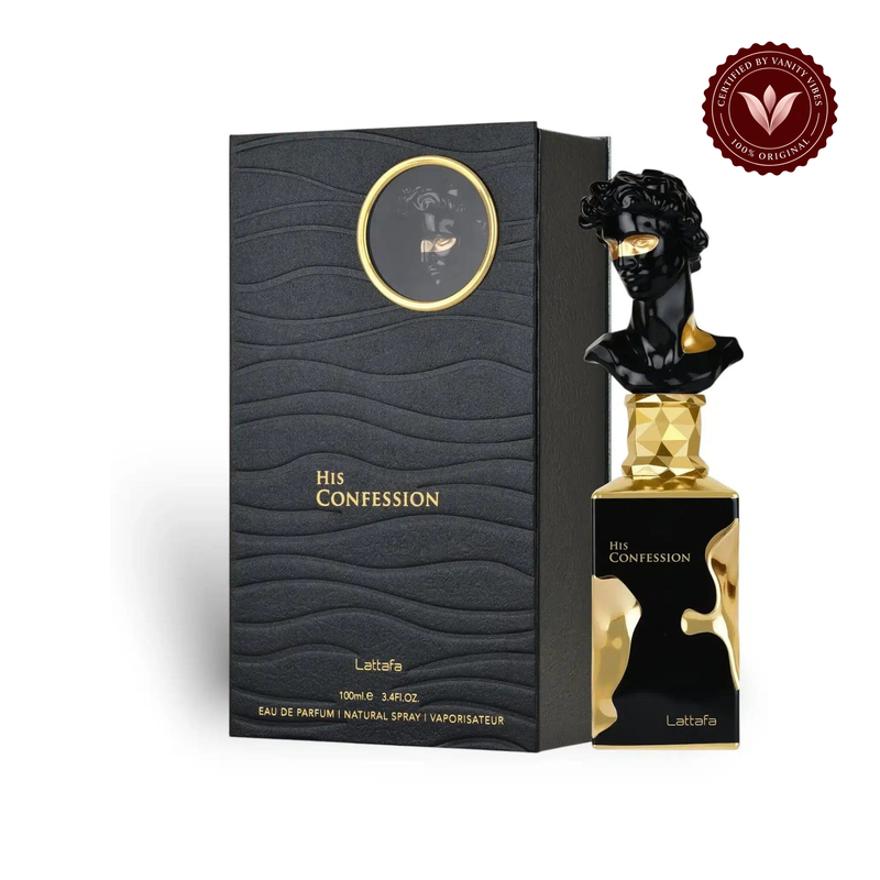 Lattafa His Confession Eau de Parfum 100ml — alternate product packaging view on white with Vanity Vibes badge