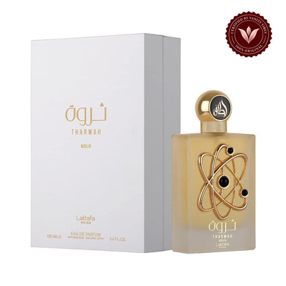 Lattafa Tharwah Gold Eau de Parfum 100ml - Long Lasting Original Luxury Unisex Fragrance for Men & Women — secondary product view on white with Vanity Vibes badge