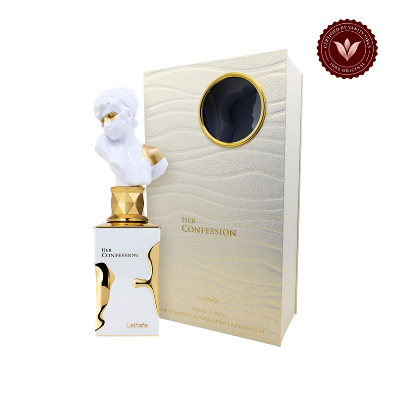 Lattafa Her Confession Eau de Parfum 100ml — alternate product packaging view on white with Vanity Vibes badge