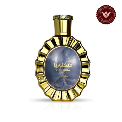 Victoria by Lattafa Eau de Parfum 100ml - Long Lasting Elegant Unisex Fragrance for Men & Women — centered product on white background with Vanity Vibes badge