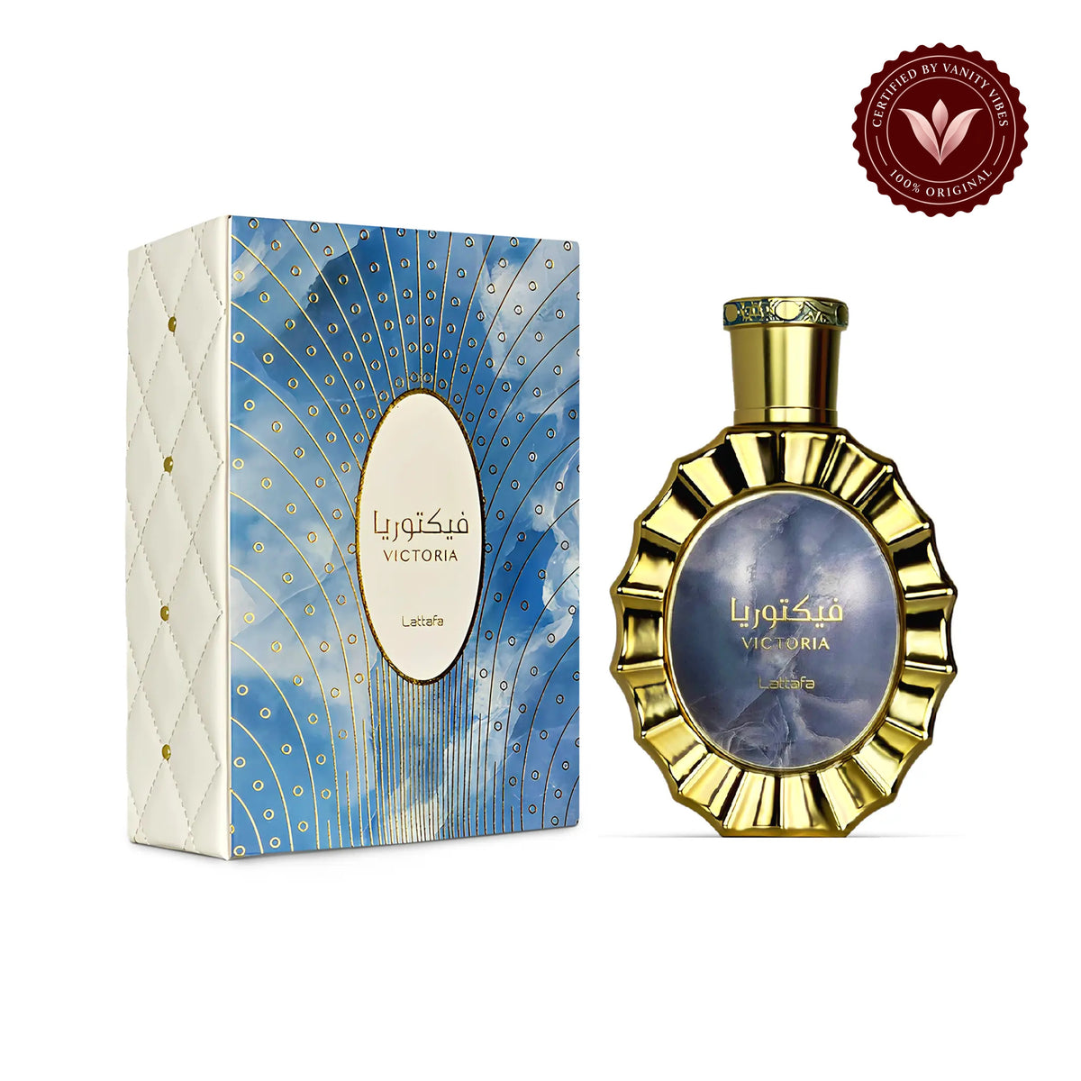 Victoria by Lattafa Eau de Parfum 100ml - Long Lasting Elegant Unisex Fragrance for Men & Women — secondary product image on white background with Vanity Vibes badge
