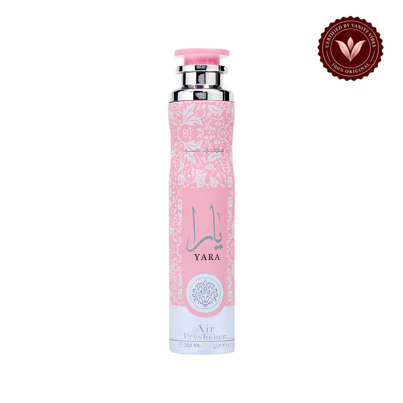 Lattafa Yara Air Freshener 300ml - Long Lasting Luxury Sweet Floral Fragrance Room Spray for Home & Office — centered product on white background with Vanity Vibes badge