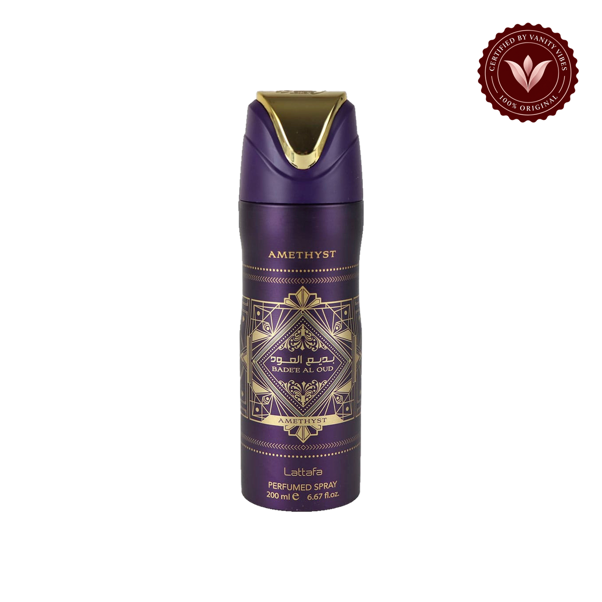Bade'e Al Oud Amethyst Lattafa Perfumed Body Spray 200ml - Long Lasting Oud Amethyst Fragrance for Men & Women — front product — Vanity Vibes