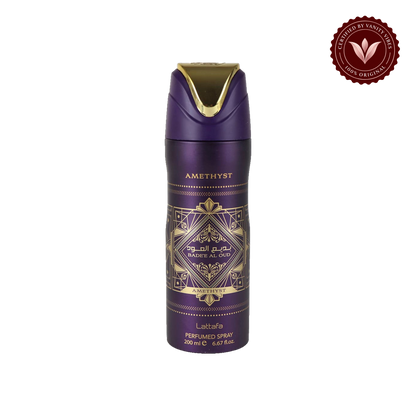 Bade'e Al Oud Amethyst Lattafa Perfumed Body Spray 200ml - Long Lasting Oud Amethyst Fragrance for Men & Women — front product — Vanity Vibes