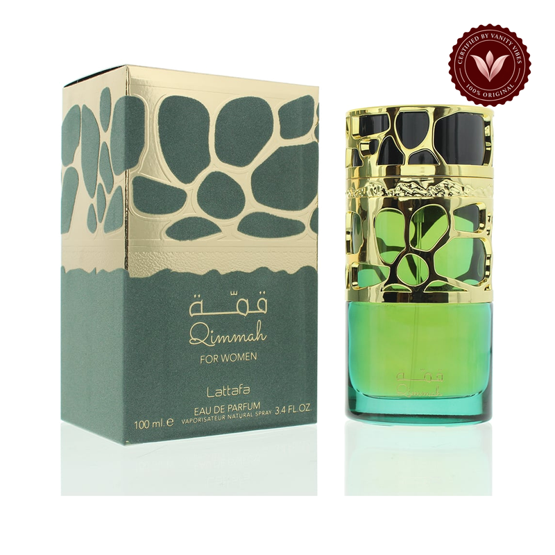 Lattafa Qimmah Eau de Parfum 100ml - Long Lasting Original Elegant Floral Fruity Fragrance for Women — alternate product view, white background — Vanity Vibes