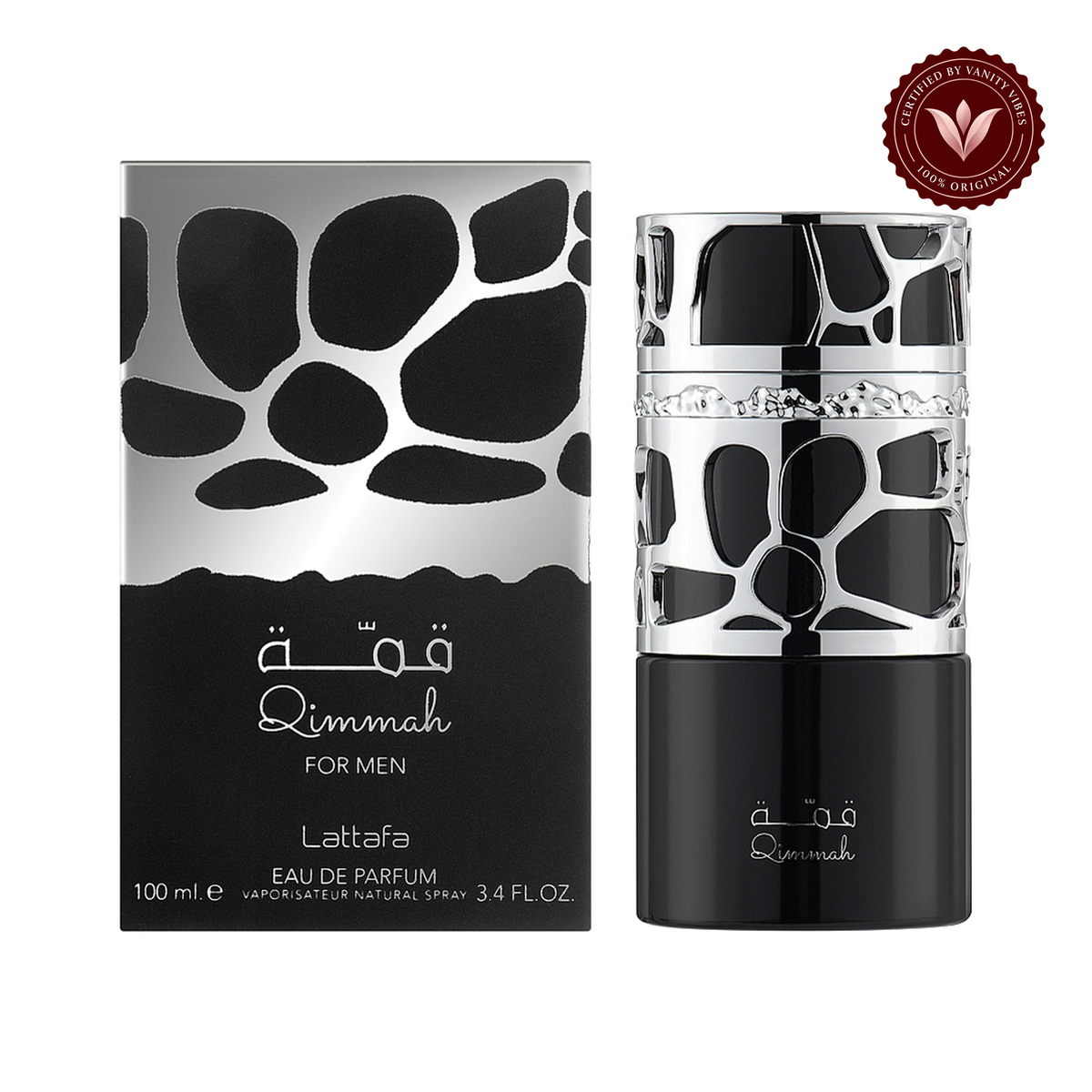 Lattafa Qimmah Eau de Parfum 100ml - Long Lasting Original Bold Woody Masculine Fragrance for Men — alternate product view, white background — Vanity Vibes