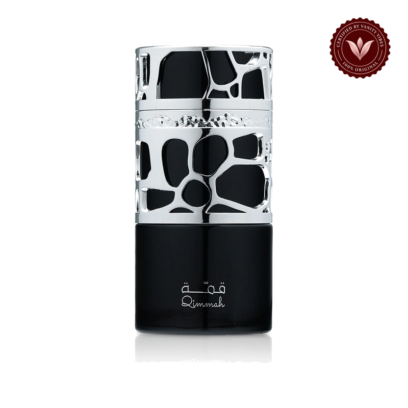 Lattafa Qimmah Eau de Parfum 100ml - Long Lasting Original Bold Woody Masculine Fragrance for Men — front single product, white background — Vanity Vibes