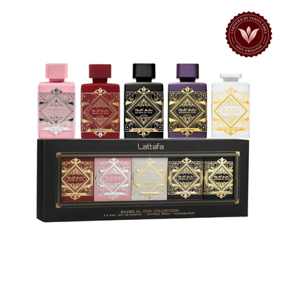 Badee Al Oud Collection by Lattafa EDP 5 x 5ml for Men & Women — centered product on white background with Vanity Vibes badge