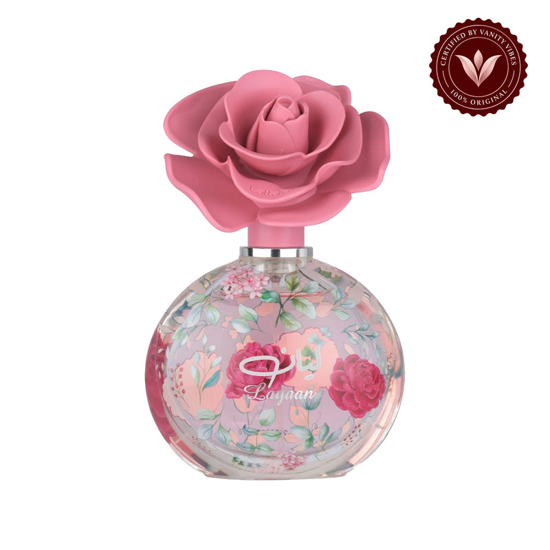 Layaan by Lattafa Eau de Parfum 75ml - Long Lasting Elegant Floral Fragrance for Women — centered product on white background with Vanity Vibes badge