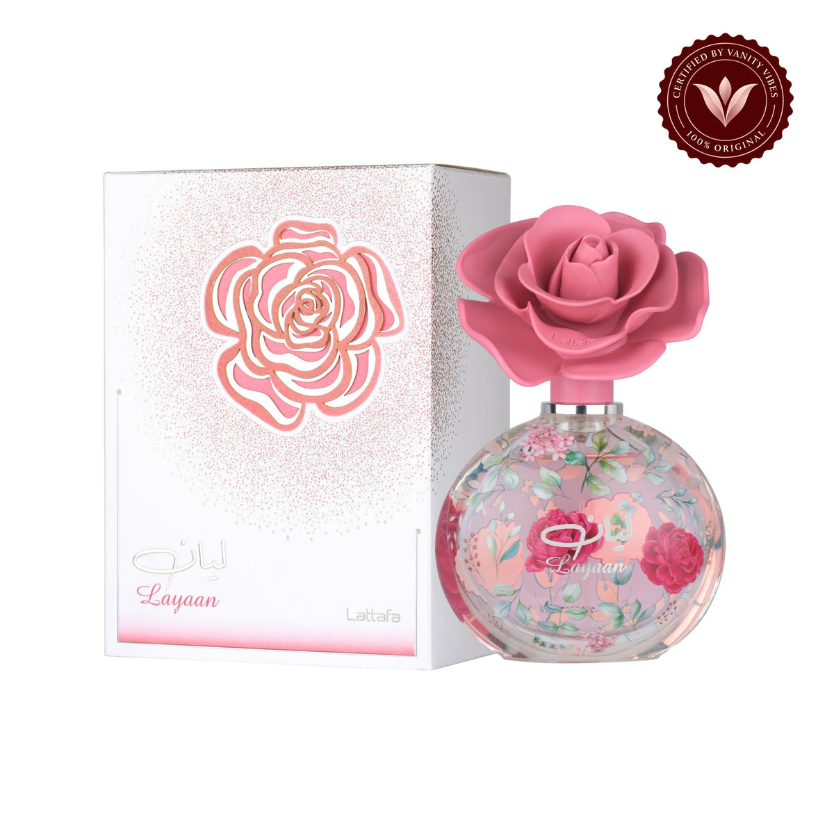 Layaan by Lattafa Eau de Parfum 75ml - Long Lasting Elegant Floral Fragrance for Women — secondary product image on white background with Vanity Vibes badge