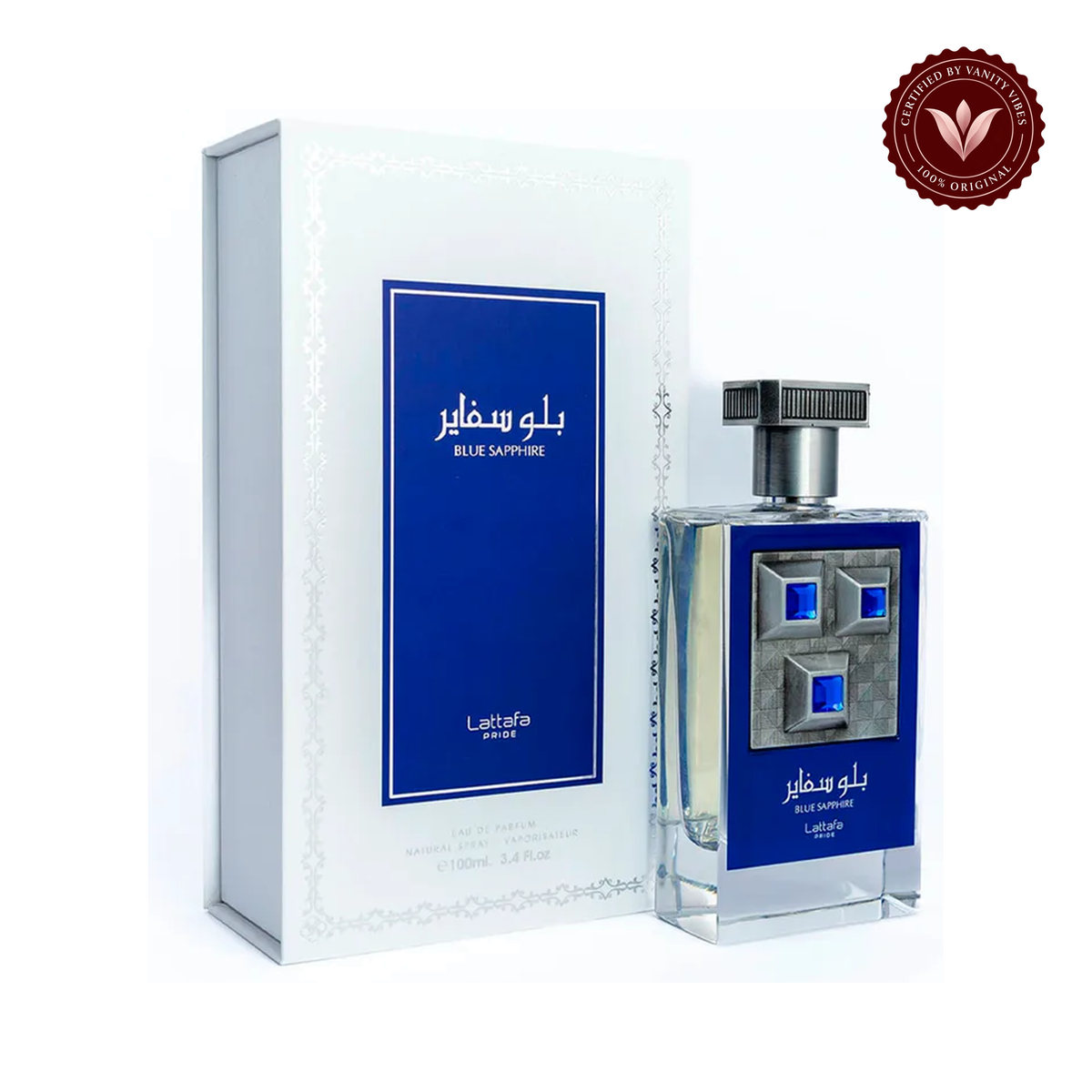 Lattafa Pride Blue Sapphir_e Eau de Parfum 100ml - Long Lasting Original Fresh Elegant Unisex Fragrance for Men & Women — alternate product view, white background — Vanity Vibes