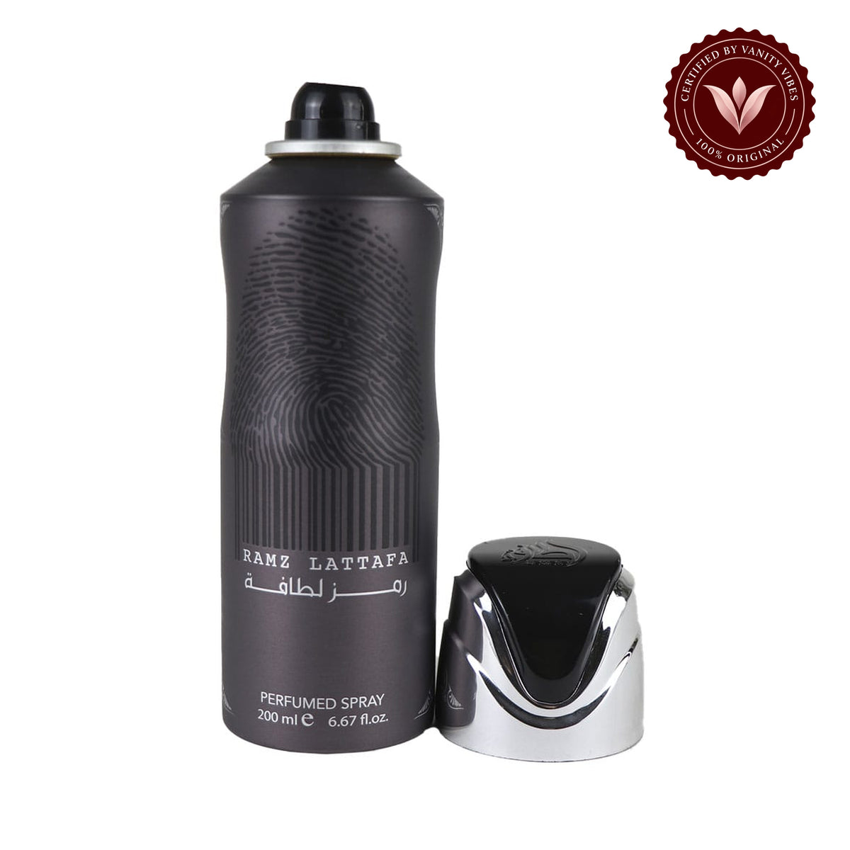 Lattafa Ramz Silver Body Spray 200ml - Long Lasting Unisex Fresh Fragrance & Protection — secondary product image on white background with Vanity Vibes badge