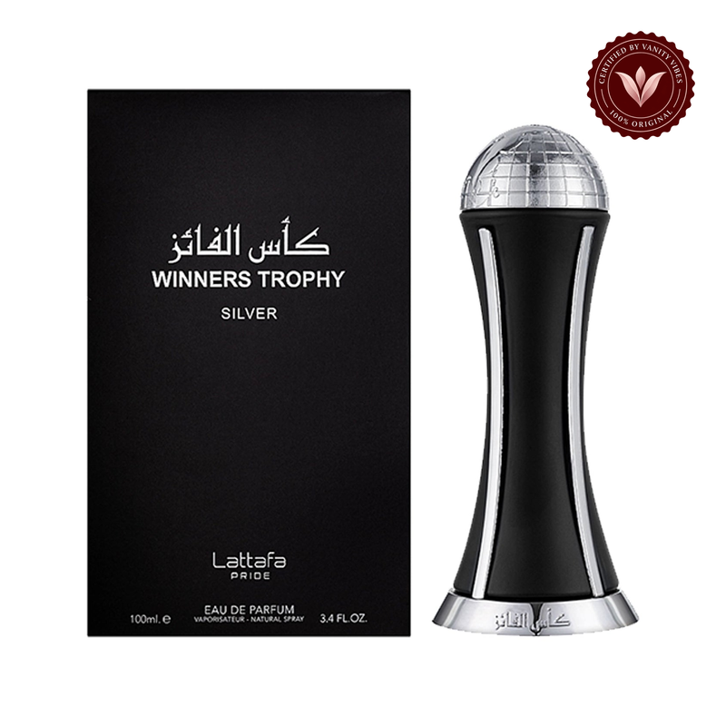 Winners Trophy Silver 100ml — bottle and box, white background