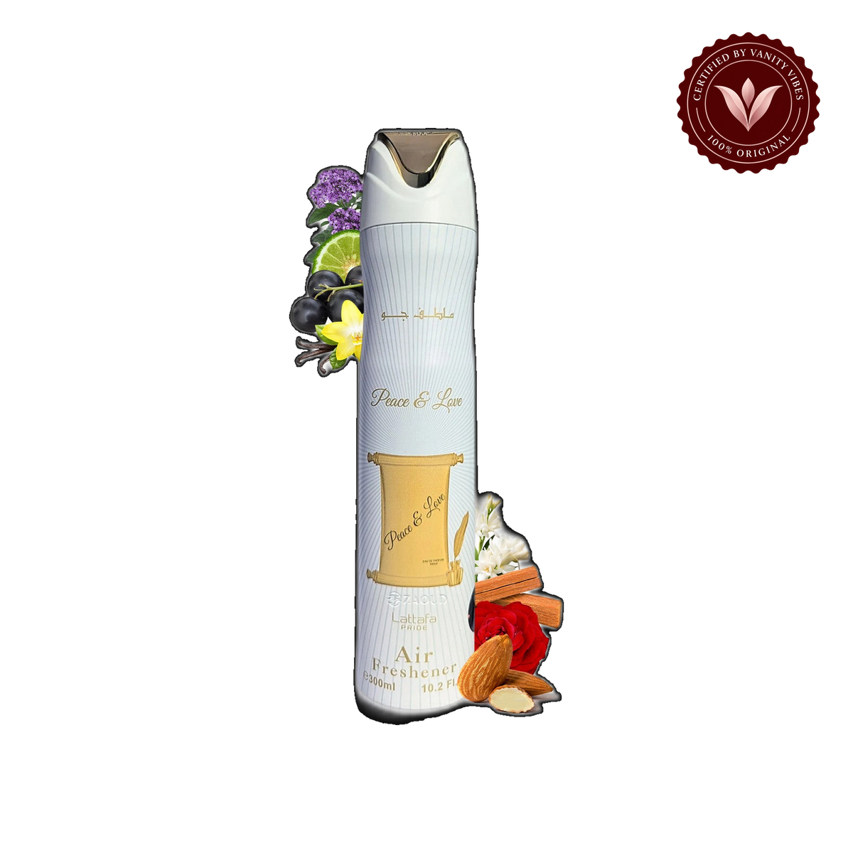 Lattafa Peace & Love Air Freshener 300ml - Long Lasting Luxury Floral Fruity Fragrance Room Spray for Home & Office — front product — Vanity Vibes