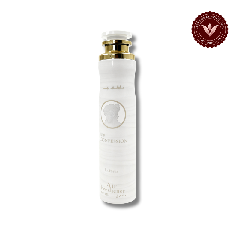 Lattafa Her Confession Air Freshener 300ml — alternate product packaging view on white with Vanity Vibes badge