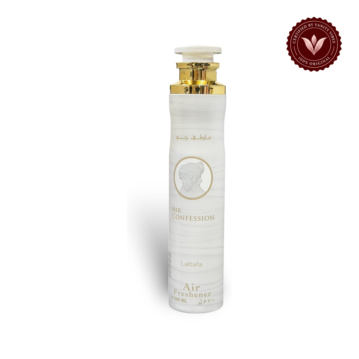 Lattafa Her Confession Air Freshener 300ml — centered front product photo on white with Vanity Vibes badge
