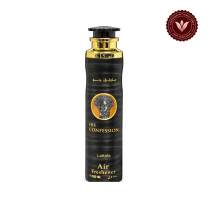 Lattafa His Confession Air Freshener 300ml — alternate product packaging view on white with Vanity Vibes badge