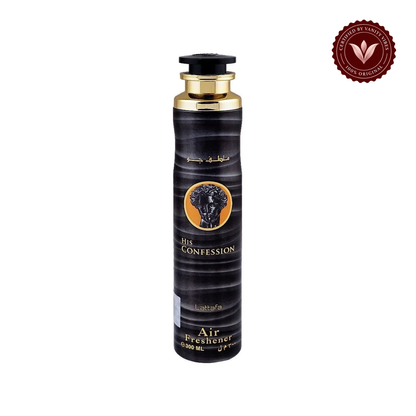 Lattafa His Confession Air Freshener 300ml — centered front product photo on white with Vanity Vibes badge