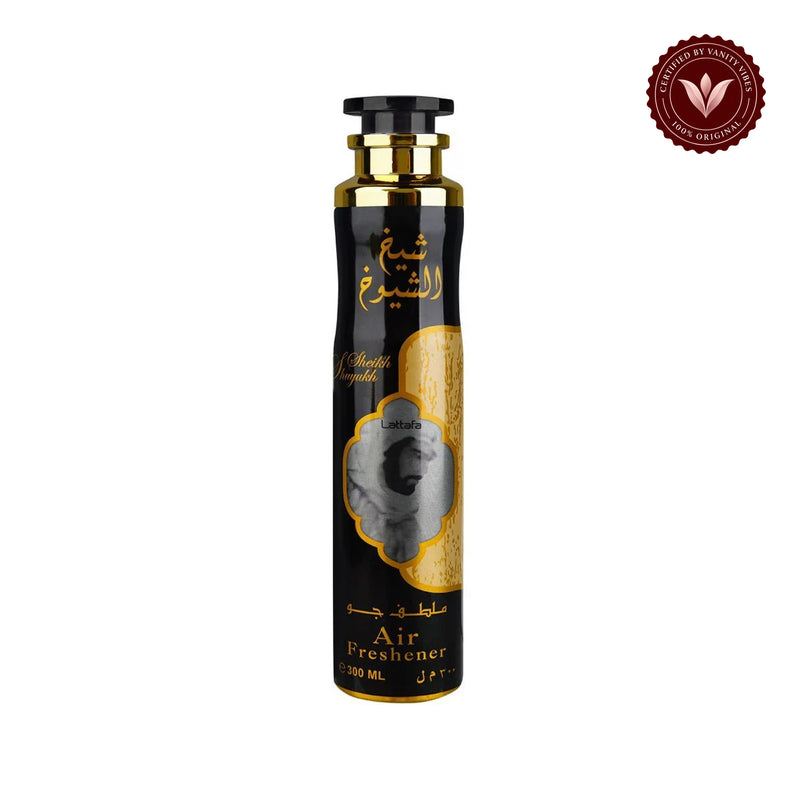Lattafa Sheikh Shuyukh Air Freshener 300 ml Luxurious Home Fragrance & Long‑Lasting Freshness — centered product on white background with Vanity Vibes badge