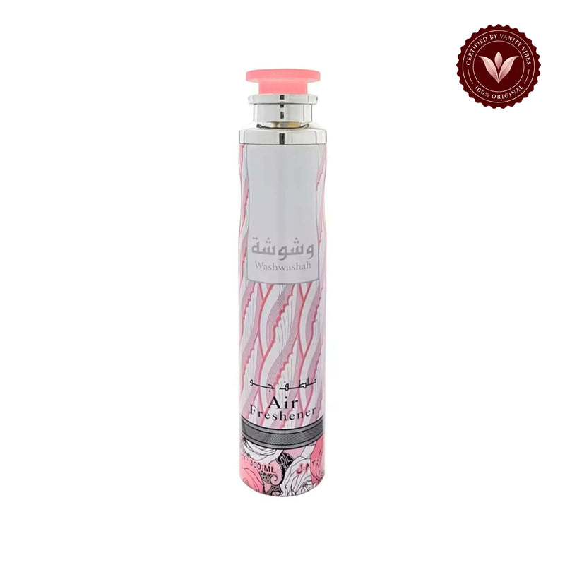 Lattafa Washwashah Air Freshener 300 ml Refreshing Home Fragrance & Long‑Lasting Freshness — centered product on white background with Vanity Vibes badge
