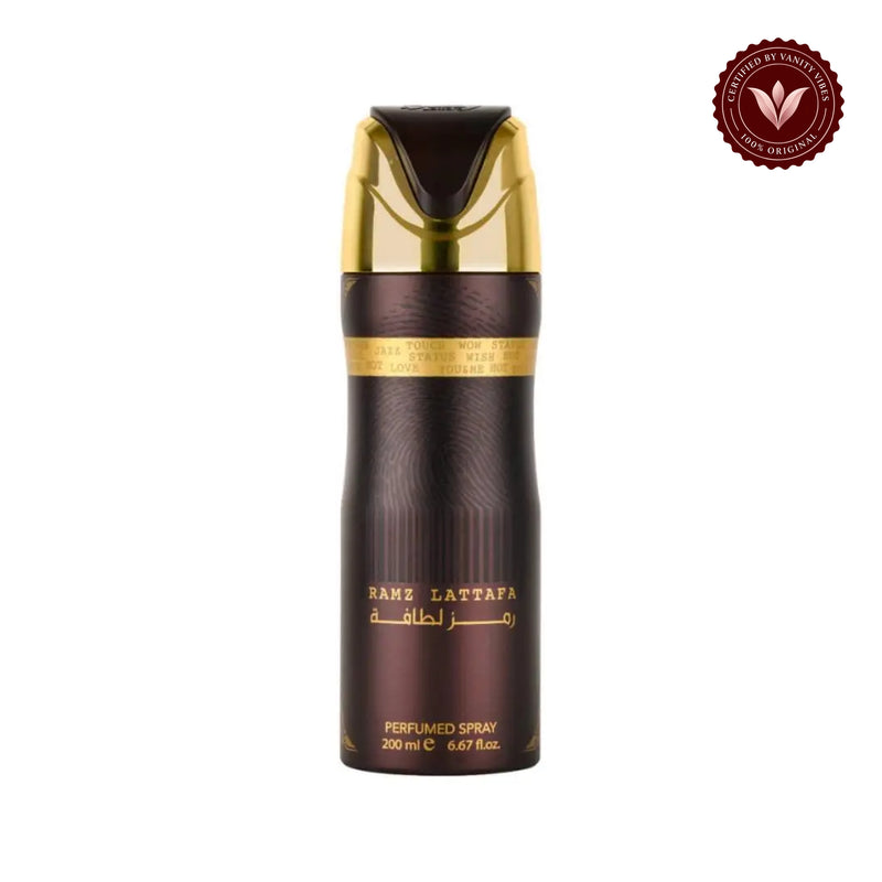 Lattafa Ramz Gold 200ml Body Spray - Unisex Long Lasting Fragrance & Fresh Scent — centered product on white background with Vanity Vibes badge