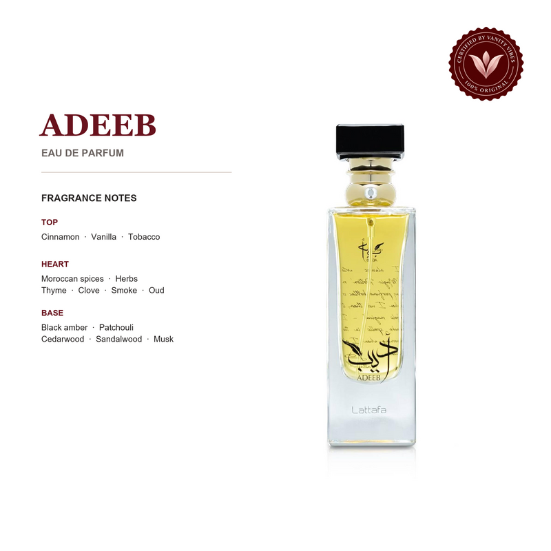 Lattafa Adeeb fragrance notes with bottle and Vanity Vibes authenticity badge