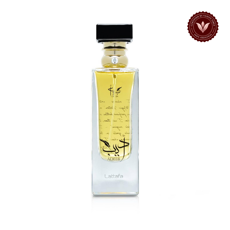 Lattafa Adeeb 100ml Eau de Parfum front bottle on white background with Vanity Vibes authenticity badge
