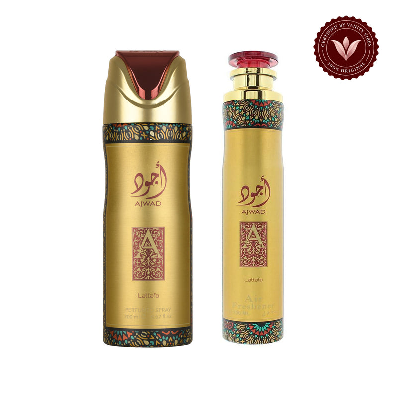 Lattafa Ajwad deodorant and air freshener bundle — both products on white with Vanity Vibes badge