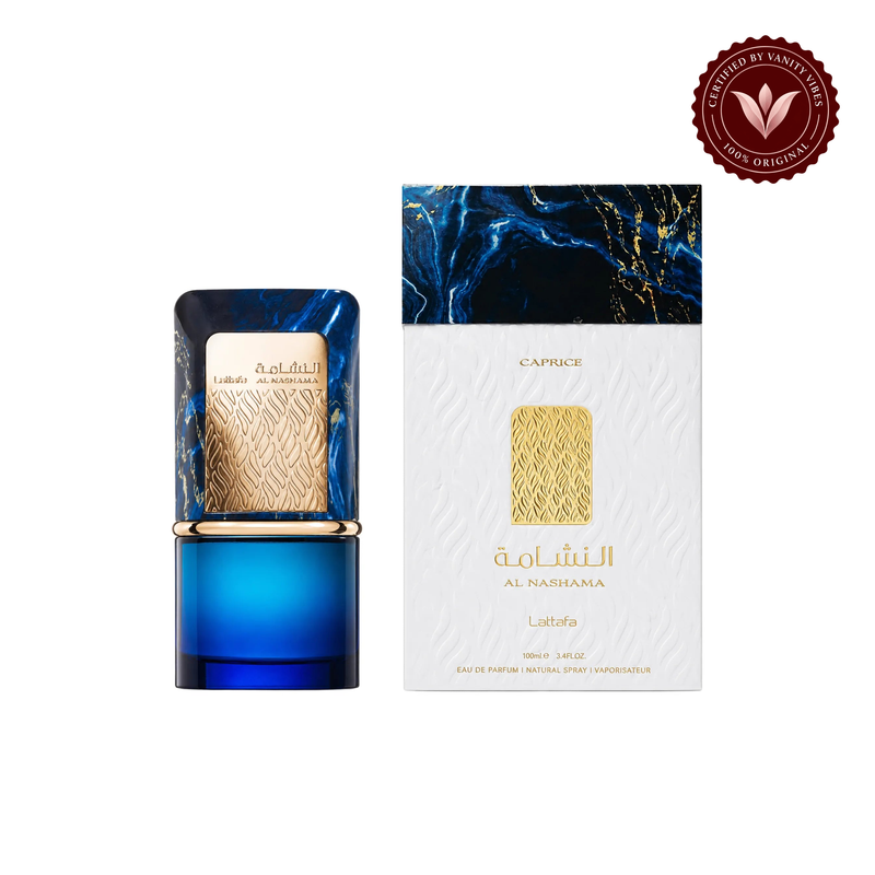 Lattafa Al Nashama Caprice 100ml bottle with matching box on white background