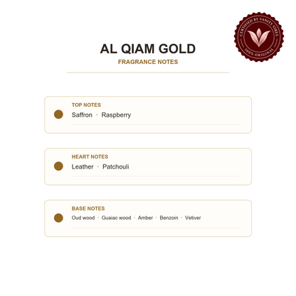 Lattafa Al Qiam Gold fragrance top, heart, and base notes