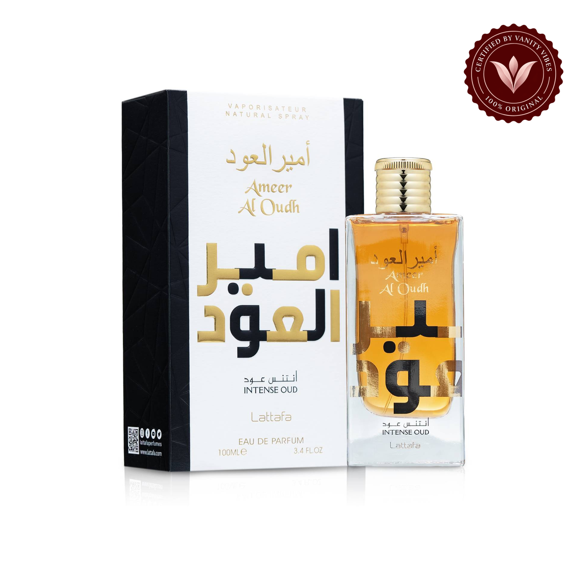Ameer Al Oudh Intense Oud 100ml bottle and matching box on white with Vanity Vibes badge