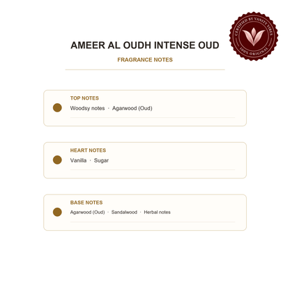Ameer Al Oudh Intense Oud fragrance notes: woodsy notes, agarwood, vanilla, sugar, sandalwood and herbal notes