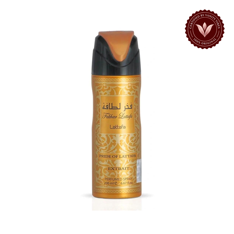 Lattafa Fakhar Extrait Perfumed Deodorant Spray 200ml — Front product photo with Vanity Vibes badge