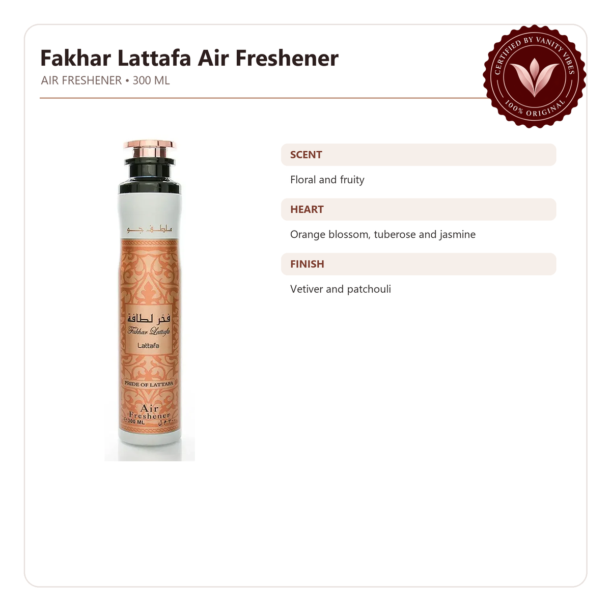 Lattafa Fakhar Lattafa Air Freshener 300ml — Fragrance features image with Vanity Vibes badge