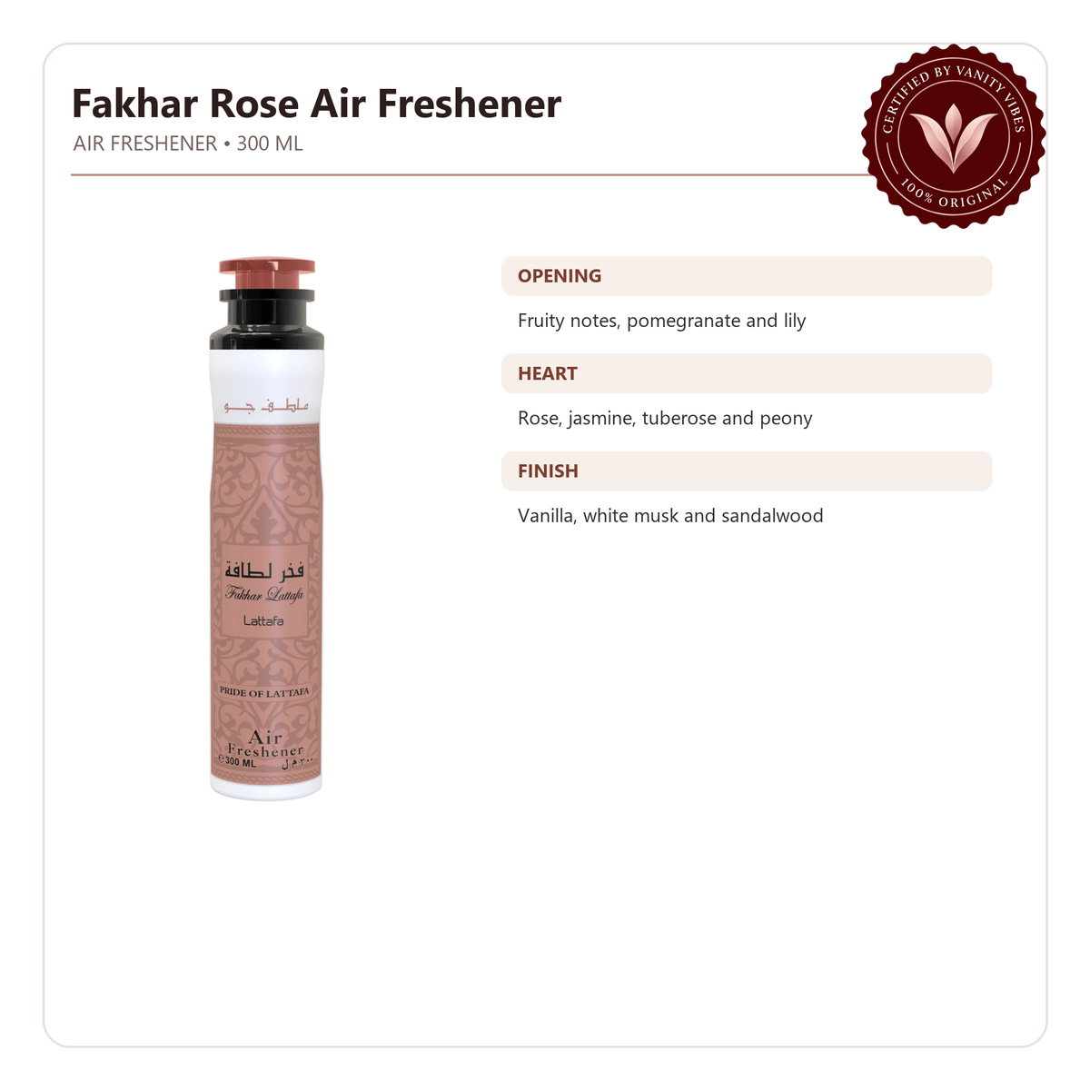 Lattafa Fakhar Lattafa Women Rose Air Freshener 300ml — Fragrance features image with Vanity Vibes badge
