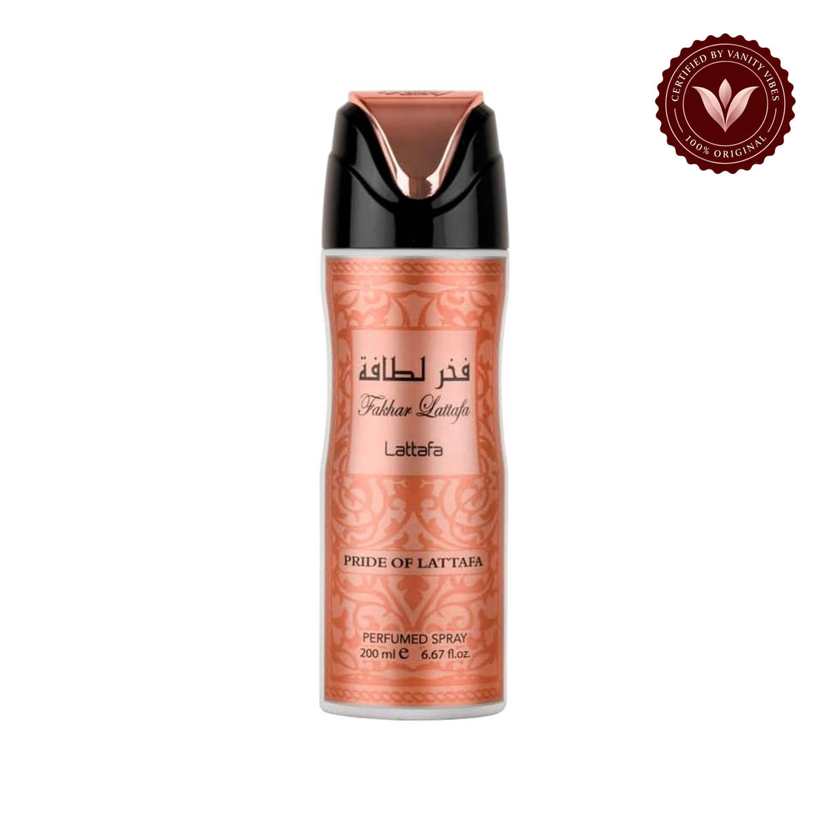 Lattafa Fakhar Lattafa Women Rose Body Spray 200ml — Front product photo with Vanity Vibes badge