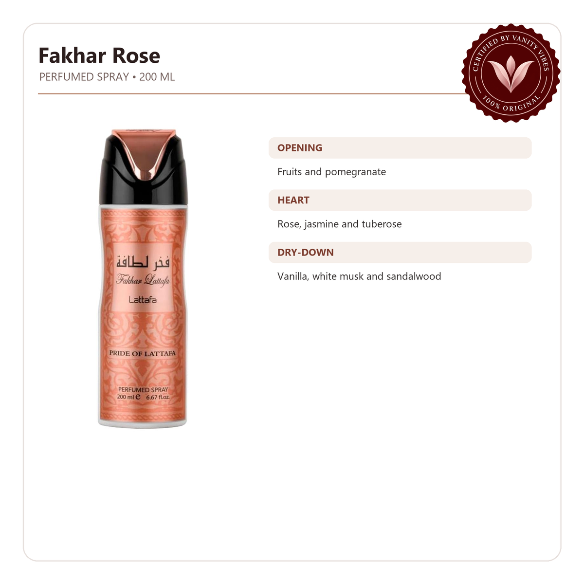 Lattafa Fakhar Lattafa Women Rose Body Spray 200ml — Fragrance features image with Vanity Vibes badge