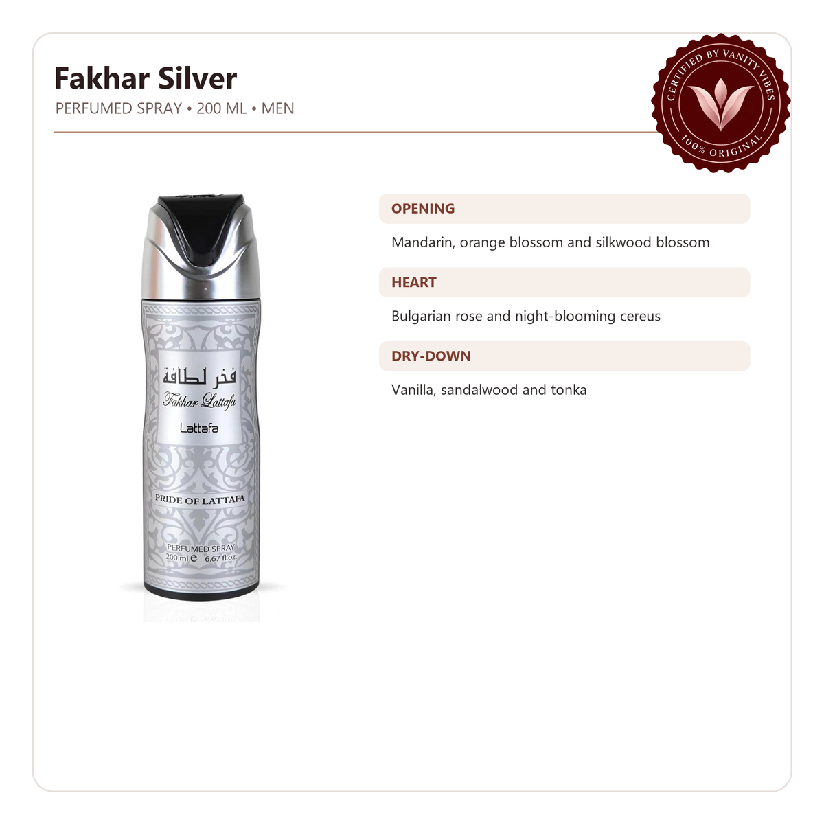 Lattafa Fakhar Lattafa Silver Men Body Spray 200ml — Fragrance features image with Vanity Vibes badge