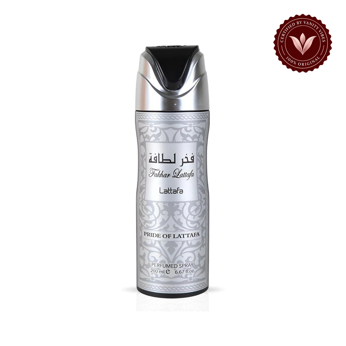 Lattafa Fakhar Lattafa Silver Men Body Spray 200ml — Front product photo with Vanity Vibes badge