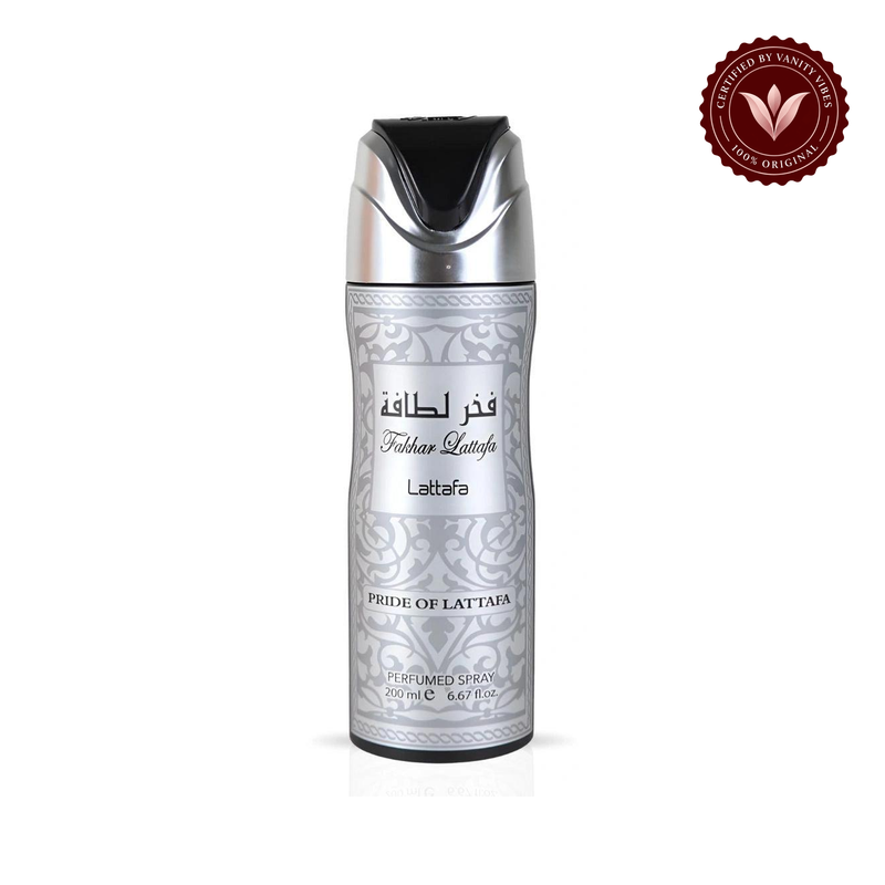 Lattafa Fakhar Lattafa Silver Men Body Spray 200ml — Front product photo with Vanity Vibes badge