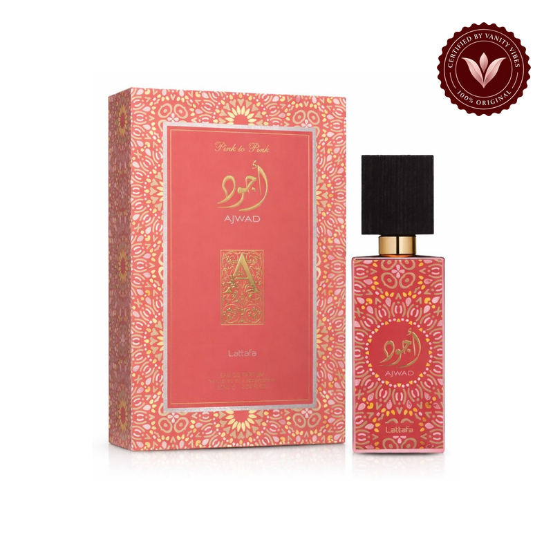 Lattafa Ajwad Pink to Pink EDP for Men And Women -60ml — product and packaging on white