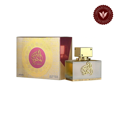 Lattafa Al Dur Al Maknoon Gold Eau de Parfum 100ml - Long Lasting Original Luxury Unisex Fragrance for Men & Women — product and packaging on white