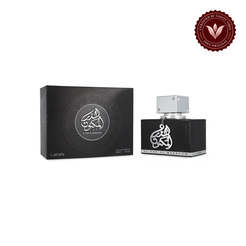 Lattafa Al Dur Al Maknoon Silver Eau de Parfum 100ml - Long Lasting Original Luxury Unisex Fragrance for Men & Women — product and packaging on white