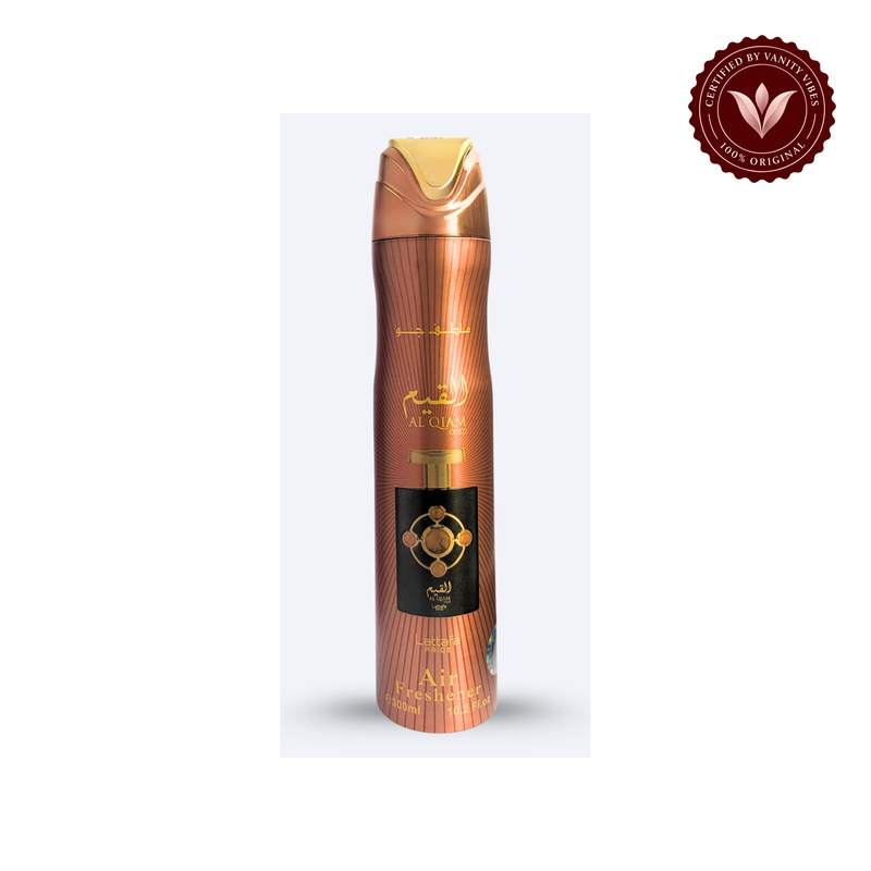 Lattafa Al Qiam Gold Air Freshener 300ml — product and packaging on white