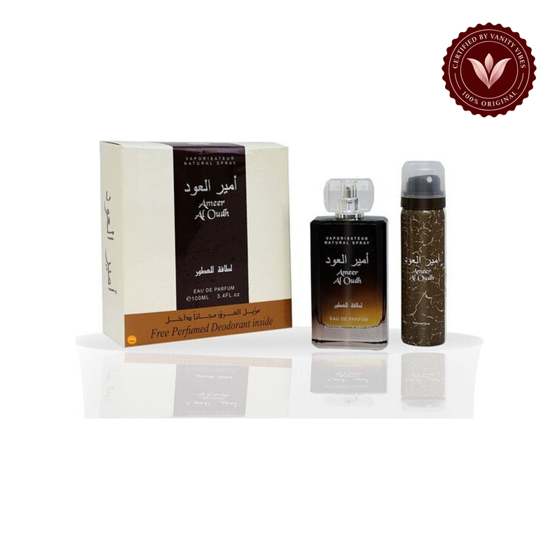 Lattafa Ameer Al Oudh 100ml EDP with Deo — product and packaging on white