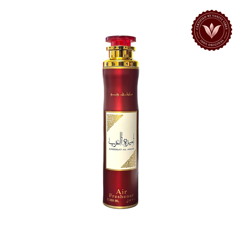 Lattafa Ameerat Al Arab Air Freshener 300ml - Long Lasting Luxury Elegant Floral Oriental Room Spray for Home & Office — product and packaging on white